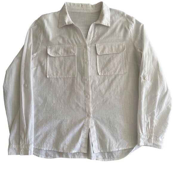 White Linen Collarless Button Shirt Roll Tab Sleeve Women’s Size XL Pock… - Picture 3 of 11
